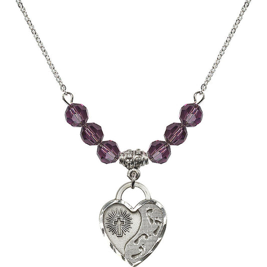 Sterling Silver Footprints Heart Birthstone Necklace with Amethyst Beads - 3207