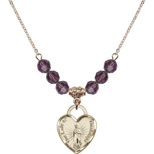 14kt Gold Filled Our Lady of Guadalupe Heart / Recuerdo Birthstone Necklace with Amethyst Beads - 3209