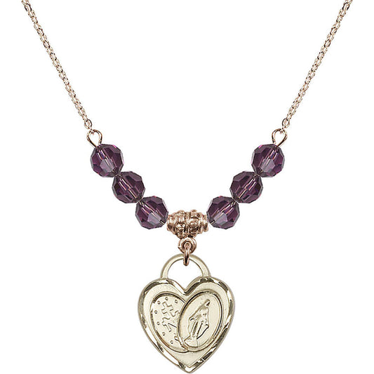 14kt Gold Filled Miraculous Heart Birthstone Necklace with Amethyst Beads - 3212