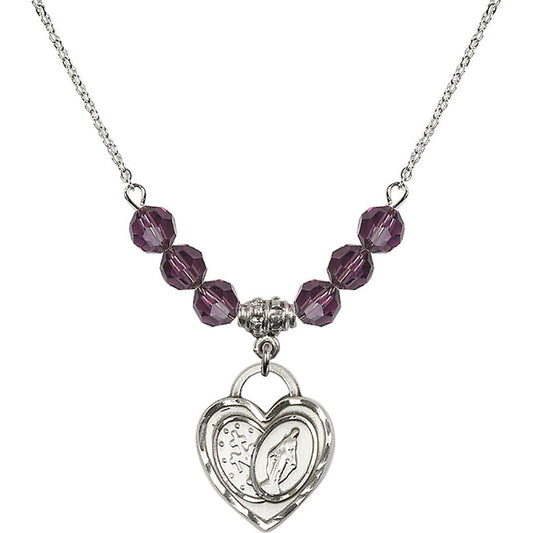 Sterling Silver Miraculous Heart Birthstone Necklace with Amethyst Beads - 3212