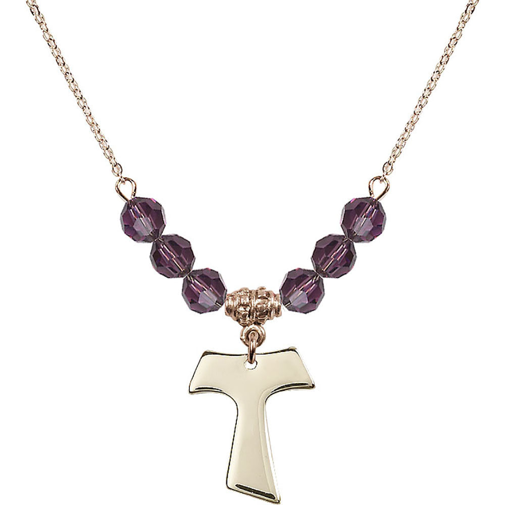 14kt Gold Filled Tau Cross Birthstone Necklace with Amethyst Beads - 3948