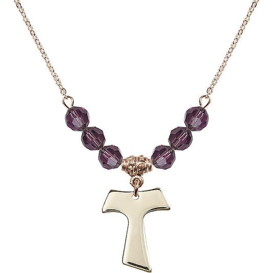 14kt Gold Filled Tau Cross Birthstone Necklace with Amethyst Beads - 3948