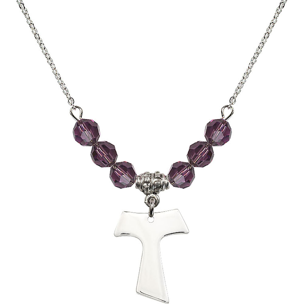 Sterling Silver Tau Cross Birthstone Necklace with Amethyst Beads - 3948