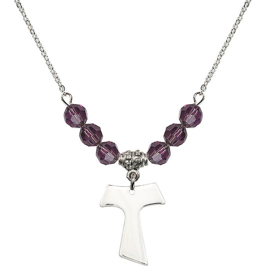 Sterling Silver Tau Cross Birthstone Necklace with Amethyst Beads - 3948