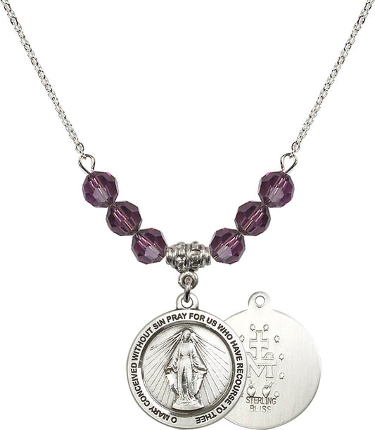 Sterling Silver Miraculous Birthstone Necklace with Amethyst Beads - 4056