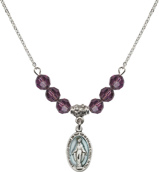 Sterling Silver Miraculous Birthstone Necklace with Amethyst Beads - 4122