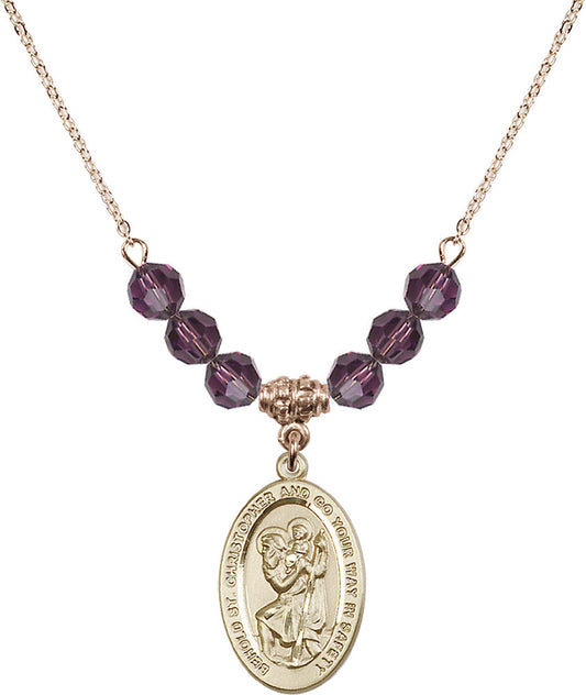 14kt Gold Filled Saint Christopher Birthstone Necklace with Amethyst Beads - 4123