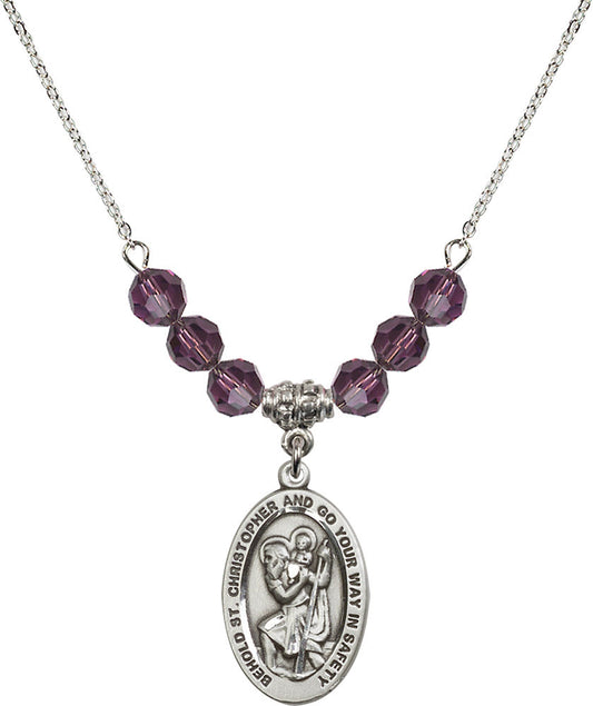 Sterling Silver Saint Christopher Birthstone Necklace with Amethyst Beads - 4123