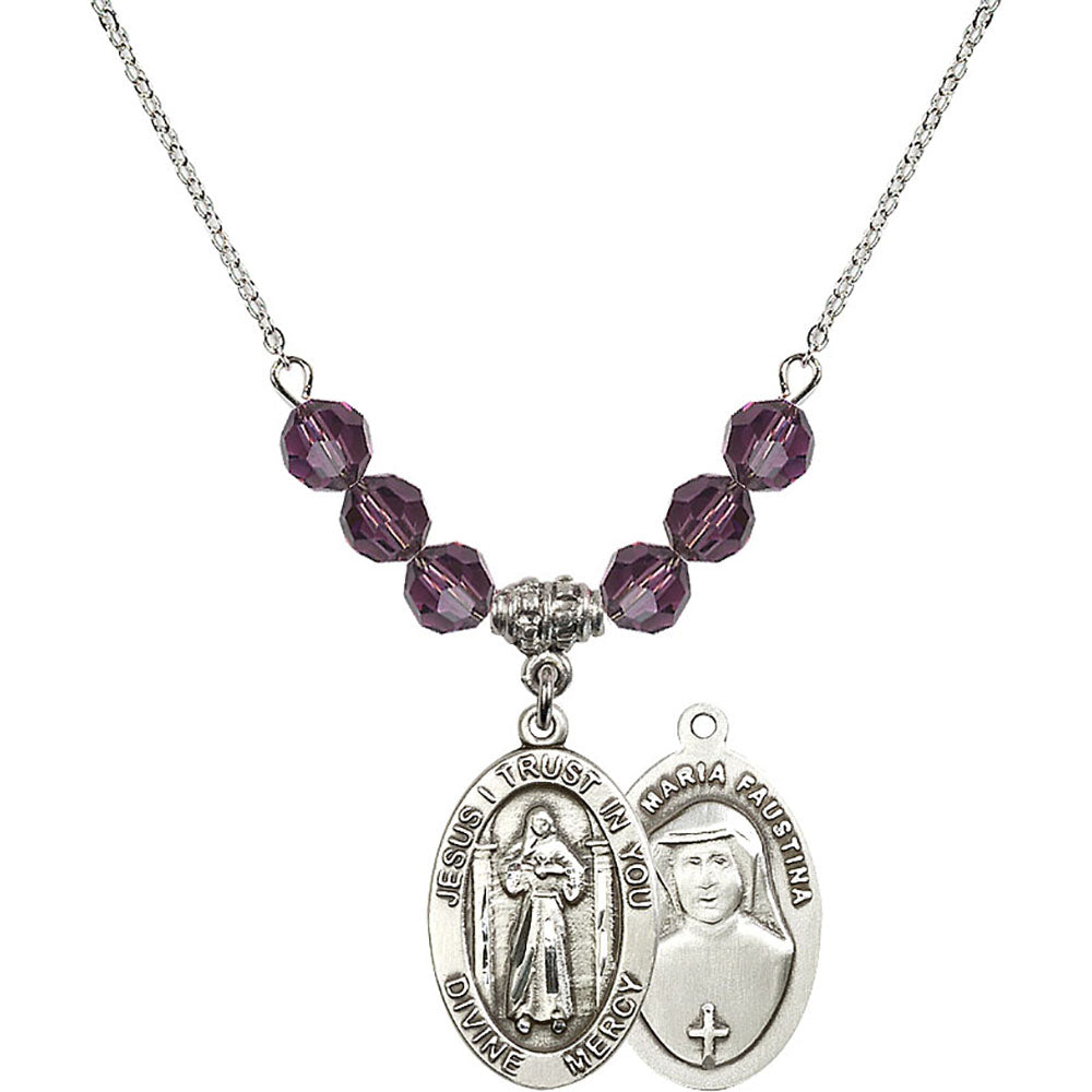 Sterling Silver Divine Mercy Birthstone Necklace with Amethyst Beads - 4123