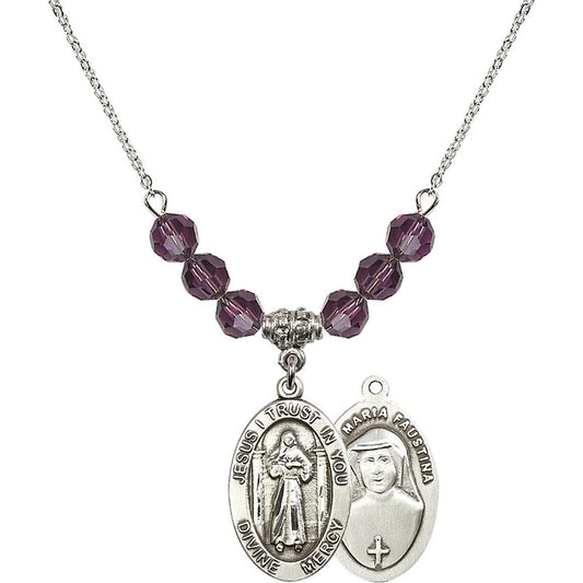 Sterling Silver Divine Mercy Birthstone Necklace with Amethyst Beads - 4123