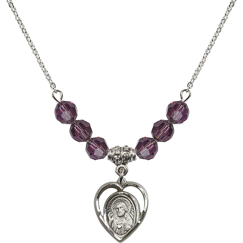 Sterling Silver Scapular Birthstone Necklace with Amethyst Beads - 4126
