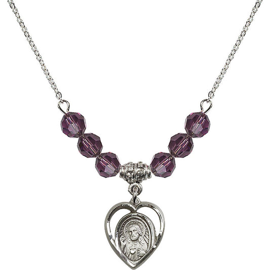 Sterling Silver Scapular Birthstone Necklace with Amethyst Beads - 4126
