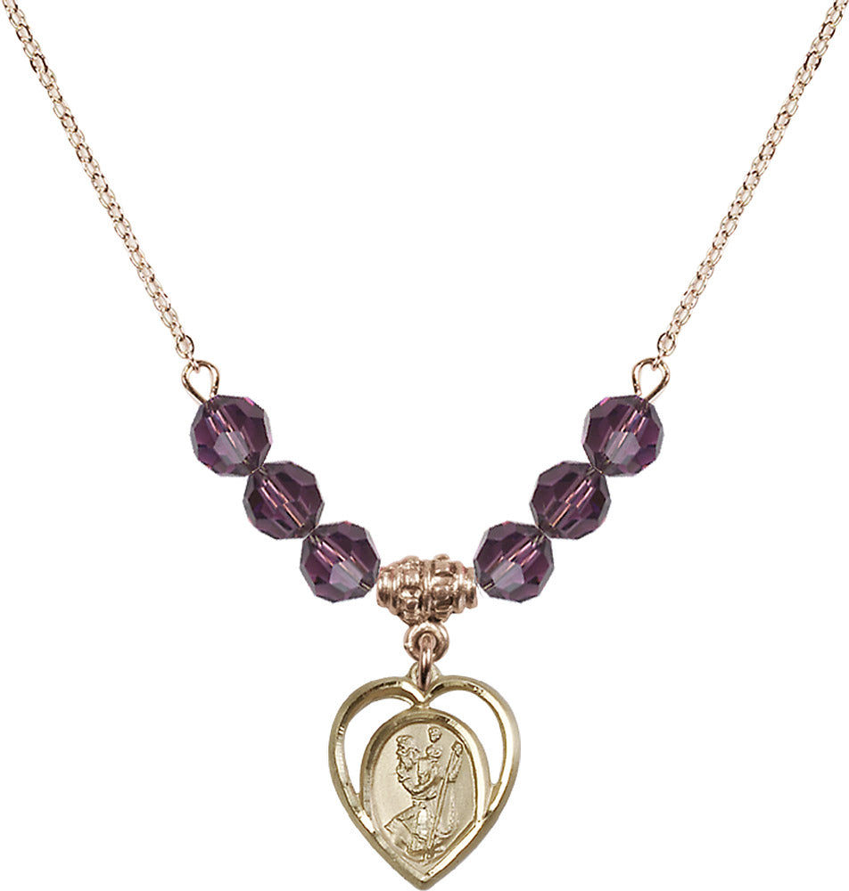 14kt Gold Filled Saint Christopher Birthstone Necklace with Amethyst Beads - 4127