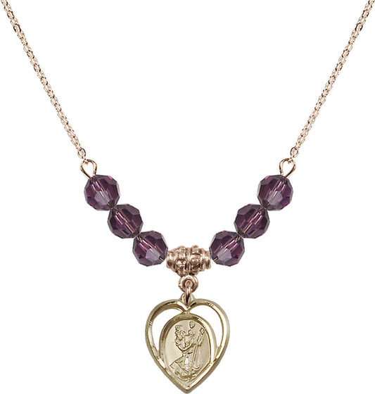 14kt Gold Filled Saint Christopher Birthstone Necklace with Amethyst Beads - 4127