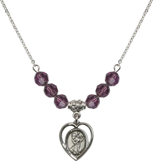 Sterling Silver Saint Christopher Birthstone Necklace with Amethyst Beads - 4127
