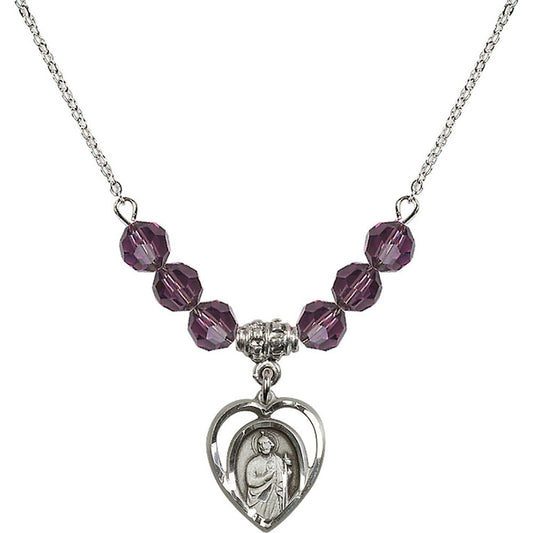 Sterling Silver Saint Jude Birthstone Necklace with Amethyst Beads - 4128