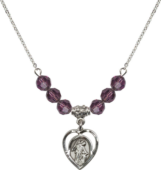 Sterling Silver Guardian Angel Birthstone Necklace with Amethyst Beads - 4129