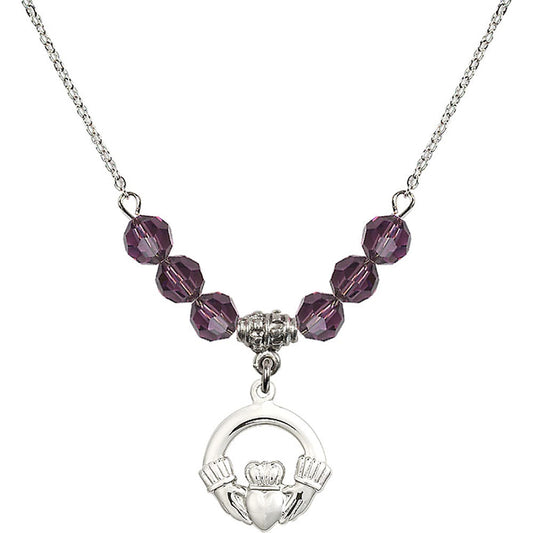 Sterling Silver Claddagh Birthstone Necklace with Amethyst Beads - 4138