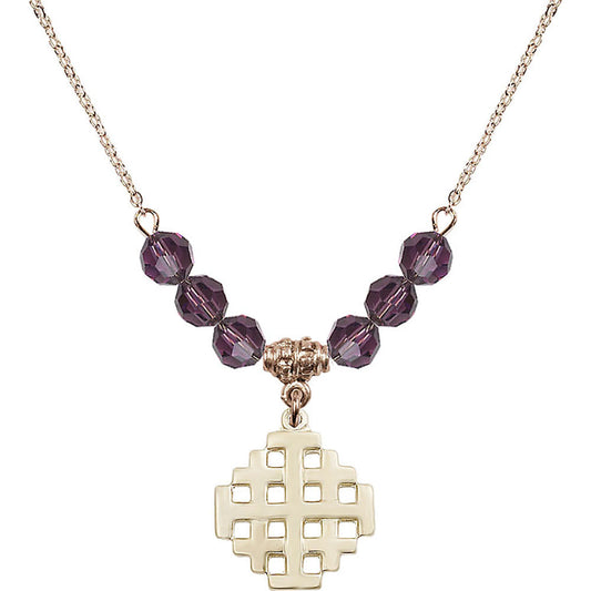 14kt Gold Filled Jerusalem Cross Birthstone Necklace with Amethyst Beads - 4139