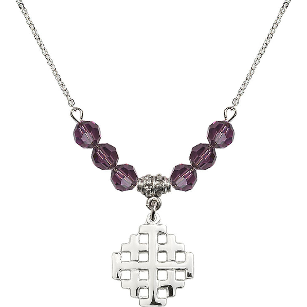 Sterling Silver Jerusalem Cross Birthstone Necklace with Amethyst Beads - 4139