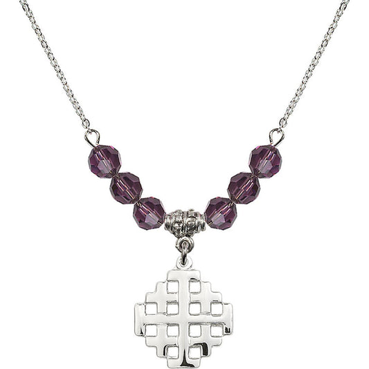 Sterling Silver Jerusalem Cross Birthstone Necklace with Amethyst Beads - 4139