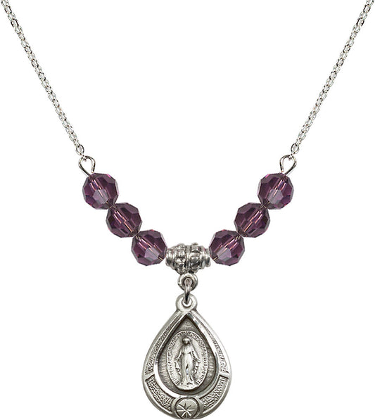 Sterling Silver Miraculous Birthstone Necklace with Amethyst Beads - 4144