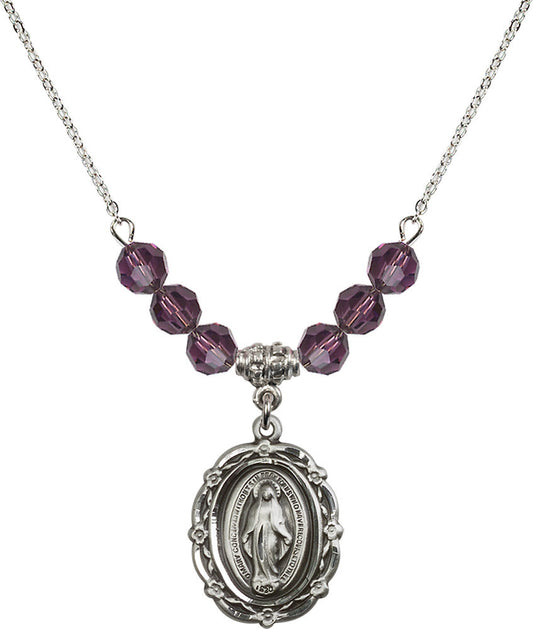 Sterling Silver Miraculous Birthstone Necklace with Amethyst Beads - 4146