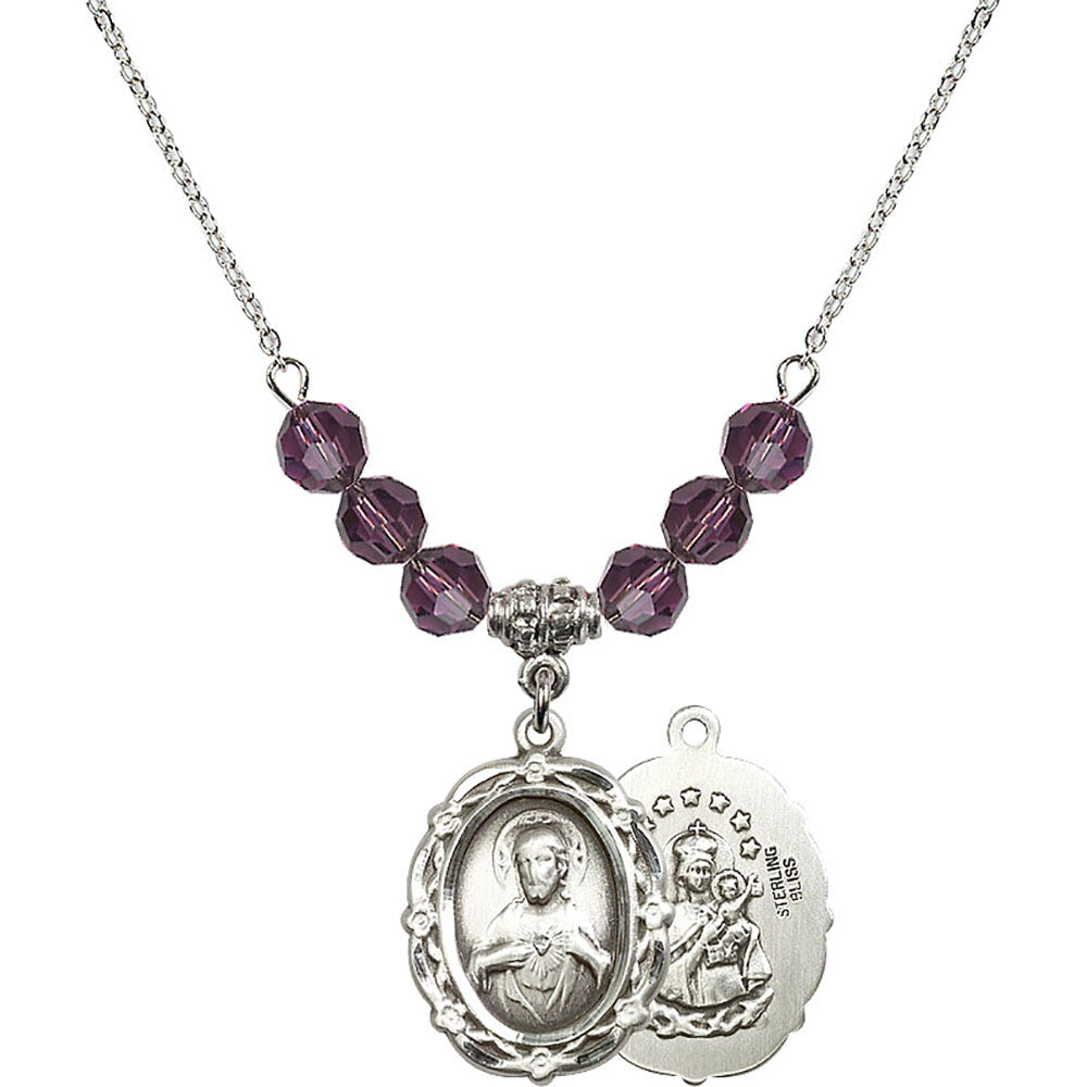 Sterling Silver Scapular Birthstone Necklace with Amethyst Beads - 4146