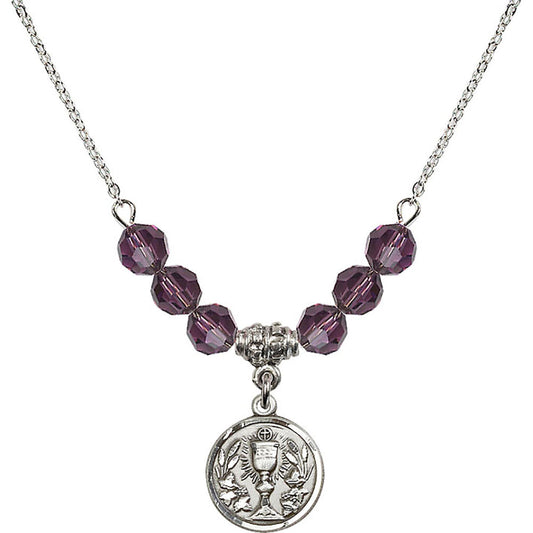Sterling Silver Communion Chalice Birthstone Necklace with Amethyst Beads - 4203