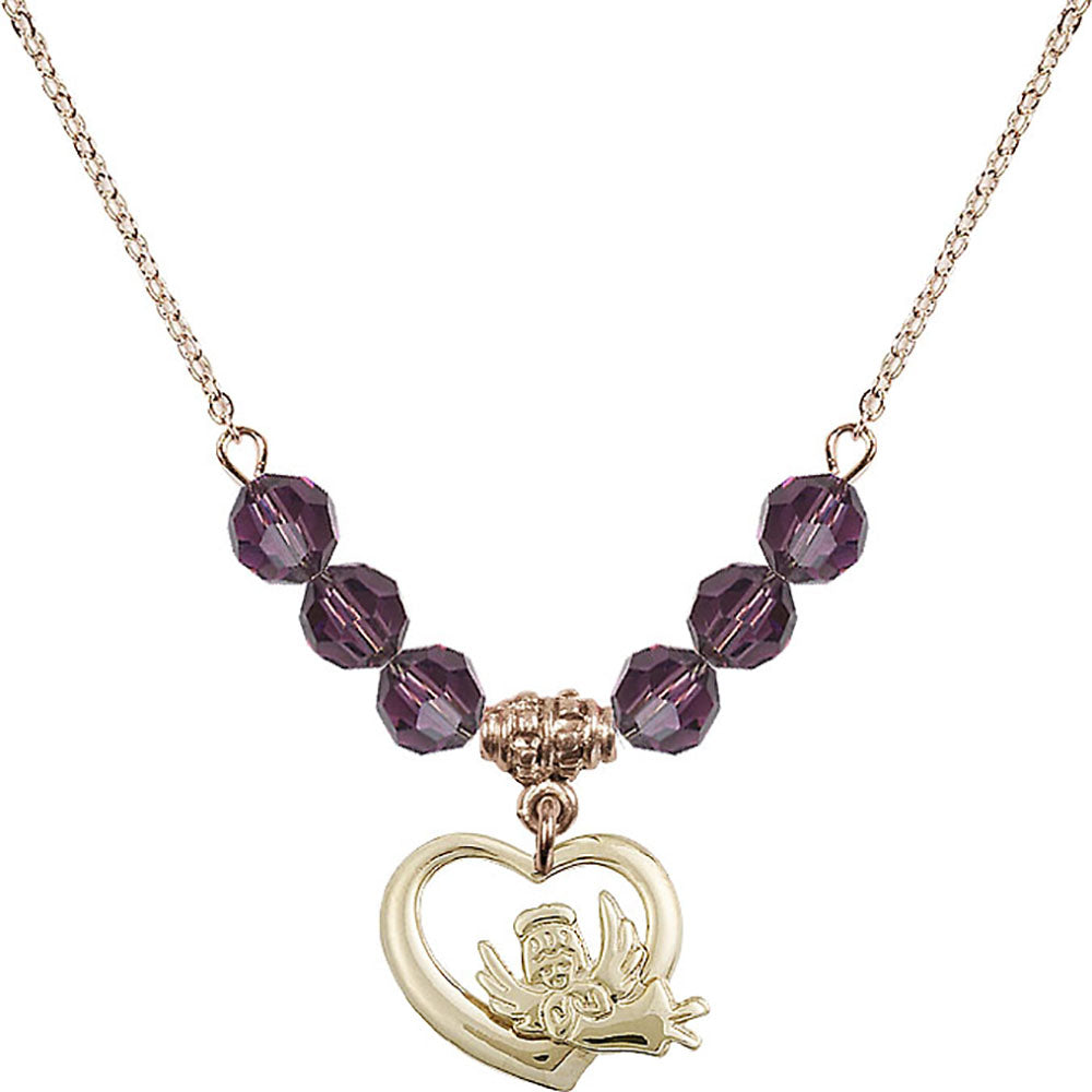 14kt Gold Filled Heart / Guardian Angel Birthstone Necklace with Amethyst Beads - 4206