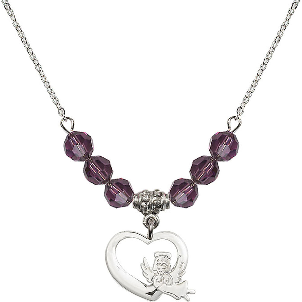 Sterling Silver Heart / Guardian Angel Birthstone Necklace with Amethyst Beads - 4206