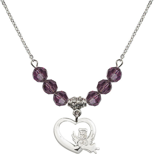 Sterling Silver Heart / Guardian Angel Birthstone Necklace with Amethyst Beads - 4206