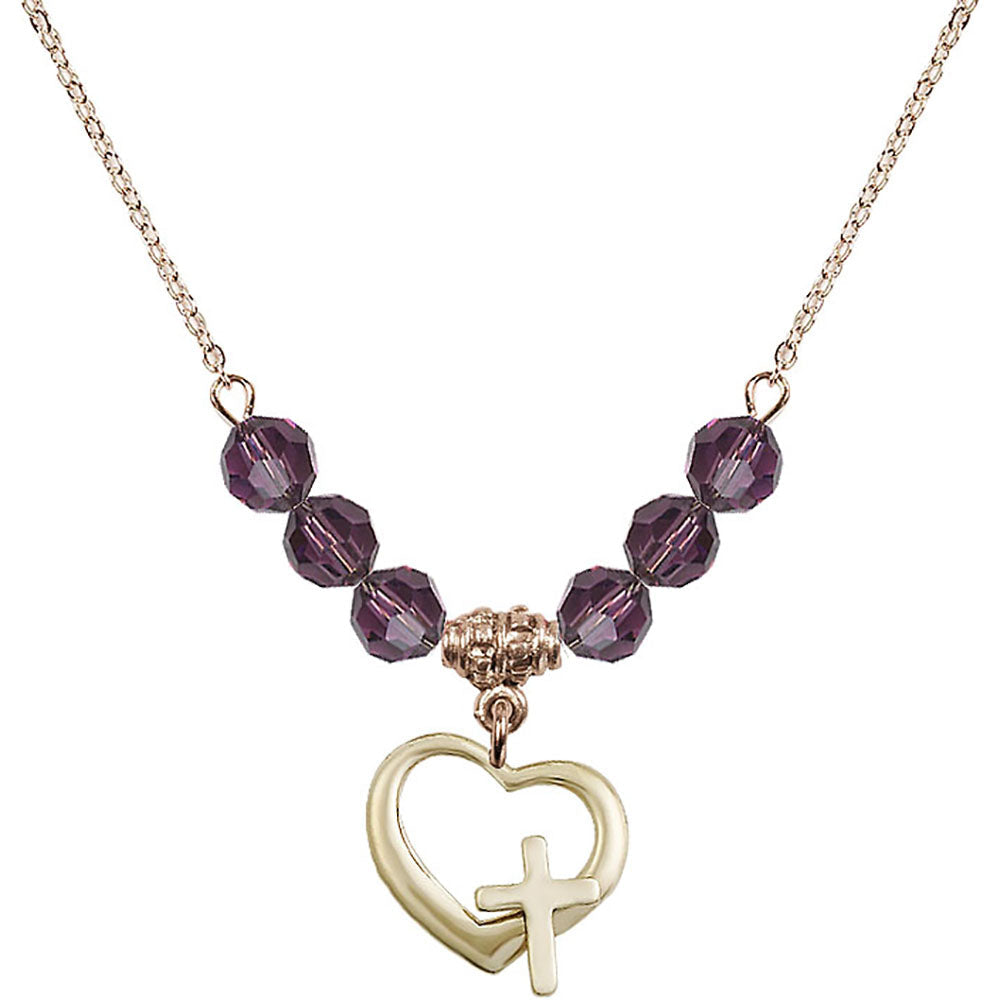 14kt Gold Filled Heart / Cross Birthstone Necklace with Amethyst Beads - 4207