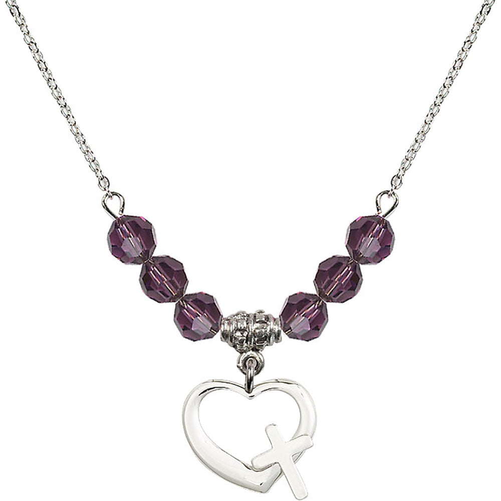 Sterling Silver Heart / Cross Birthstone Necklace with Amethyst Beads - 4207