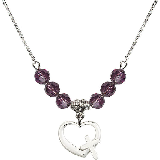 Sterling Silver Heart / Cross Birthstone Necklace with Amethyst Beads - 4207