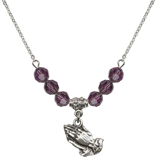 Sterling Silver Praying Hands Birthstone Necklace with Amethyst Beads - 4219