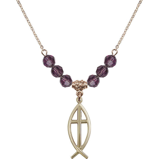 14kt Gold Filled Fish / Cross Birthstone Necklace with Amethyst Beads - 4252