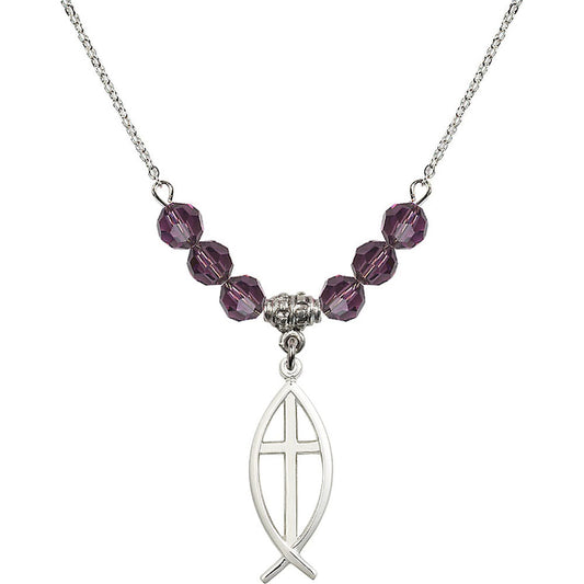 Sterling Silver Fish / Cross Birthstone Necklace with Amethyst Beads - 4252