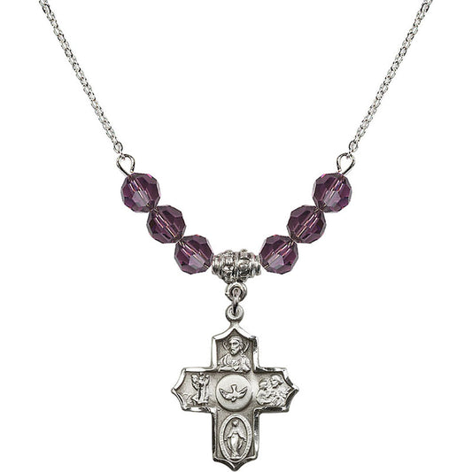 Sterling Silver 5-Way Birthstone Necklace with Amethyst Beads - 4255