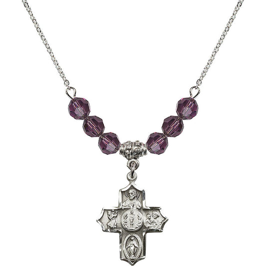 Sterling Silver 4-Way Birthstone Necklace with Amethyst Beads - 4256