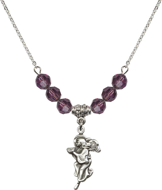 Sterling Silver Guardian Angel Birthstone Necklace with Amethyst Beads - 4260