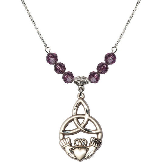 Sterling Silver Irish Knot / Claddagh Birthstone Necklace with Amethyst Beads - 5102