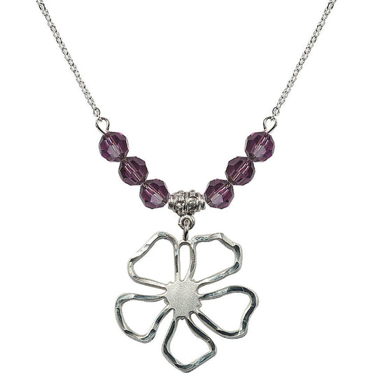 Sterling Silver Five Pedal Flower Birthstone Necklace with Amethyst Beads - 5109