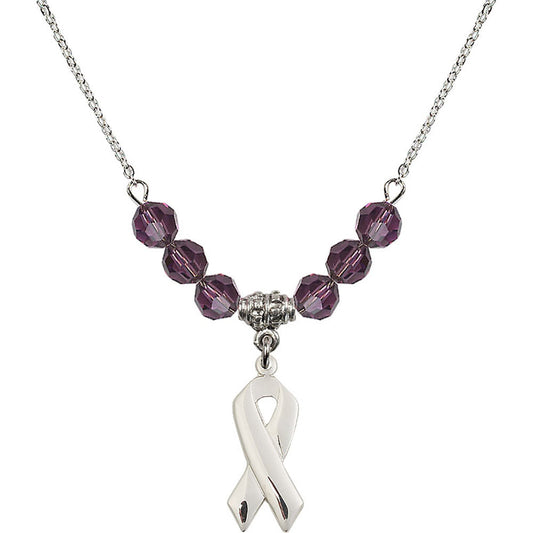Sterling Silver Cancer Awareness Birthstone Necklace with Amethyst Beads - 5150