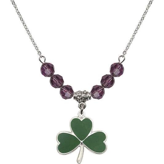 Sterling Silver Shamrock Birthstone Necklace with Amethyst Beads - 5248