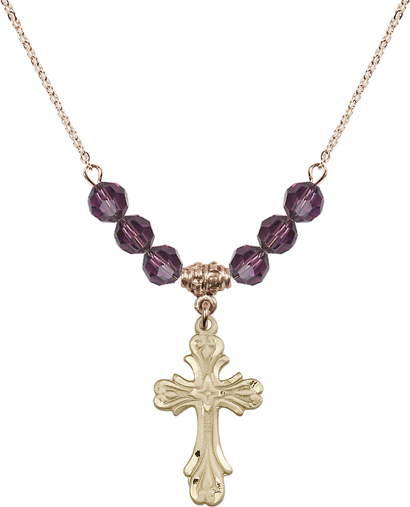 14kt Gold Filled Cross Birthstone Necklace with Amethyst Beads - 5419