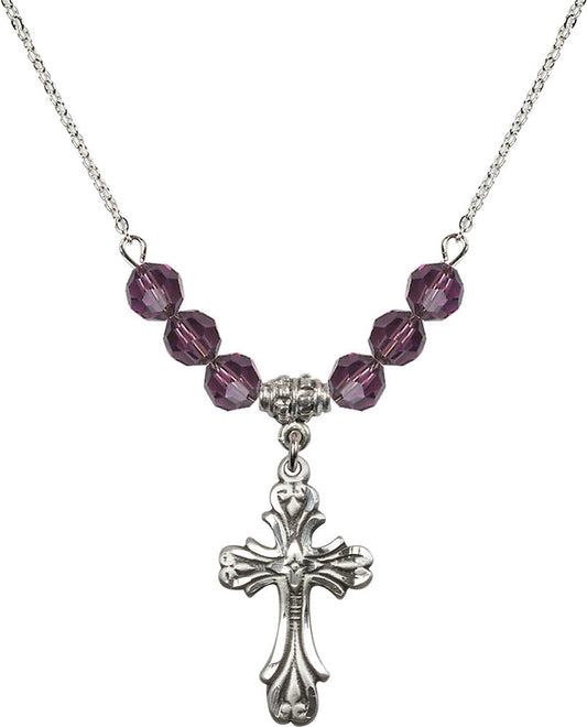 Sterling Silver Cross Birthstone Necklace with Amethyst Beads - 5419