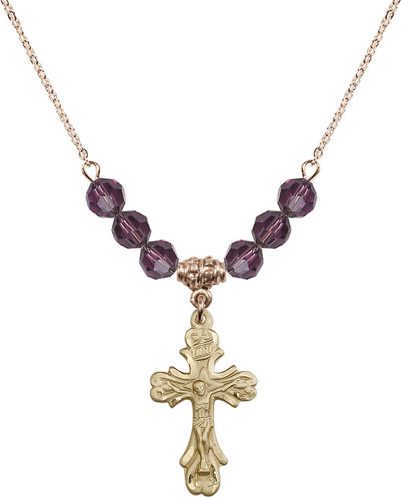 14kt Gold Filled Crucifix Birthstone Necklace with Amethyst Beads - 5421