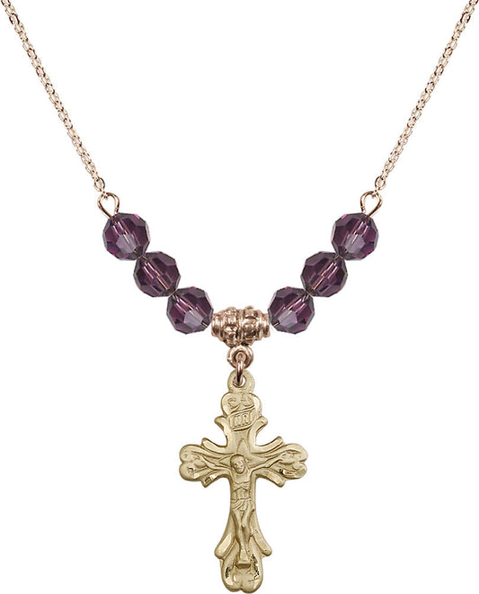 14kt Gold Filled Crucifix Birthstone Necklace with Amethyst Beads - 5421