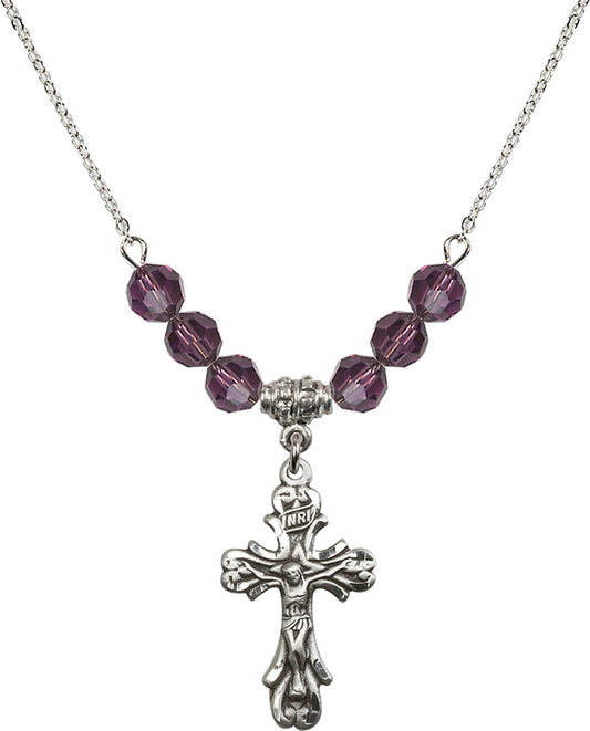 Sterling Silver Crucifix Birthstone Necklace with Amethyst Beads - 5421